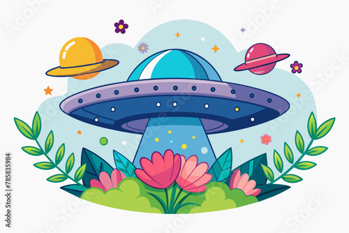 A mysterious UFO hovers in a picturesque sky adorned with vibrant flowers, creating a whimsical and enchanting scene.