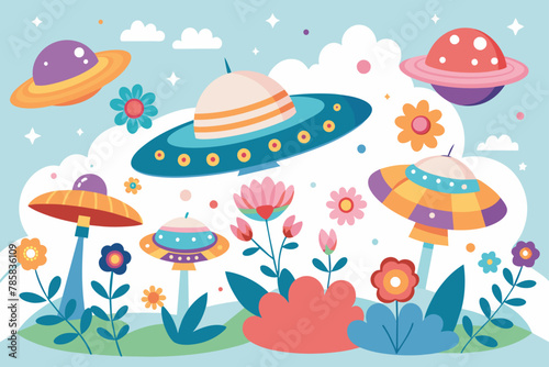 Ufos sky charming with flowers on a white background.