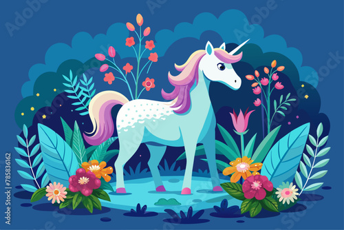Unicorn with a charming gaze and adorned with flowers against a white background.