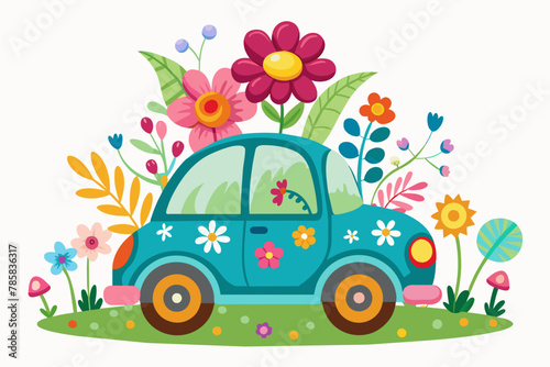 A charming cartoon vehicle adorned with vibrant flowers blossoms against a pure white backdrop.