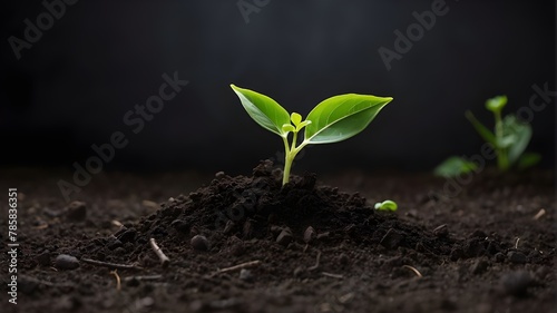 Young green plant emerging from dark soil; remove photo