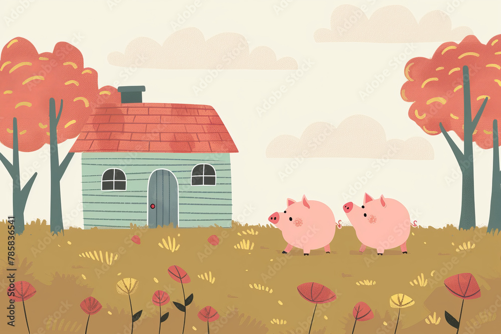 Fototapeta premium Two little pigs walking in front of a house
