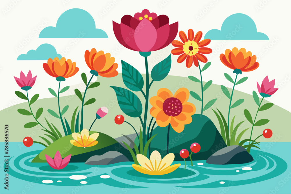 Charming white background with colorful flowers in bloom Charming white background with colorful flowers in bloom