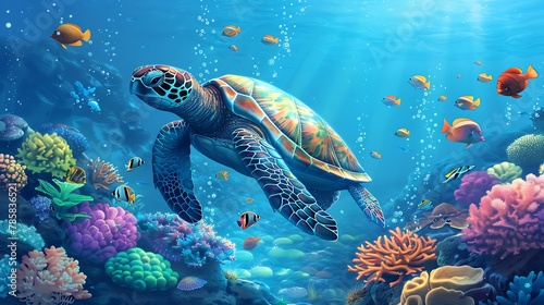  Colorful Underwater World  Turtle and Fish Among Vibrant Coral 