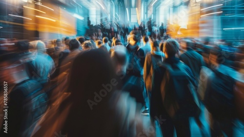 A blurry shot of a bustling crowd at a venture capital meetup where presentations and discussions on the latest trends and opportunities in the startup world fill the air with excitement . photo