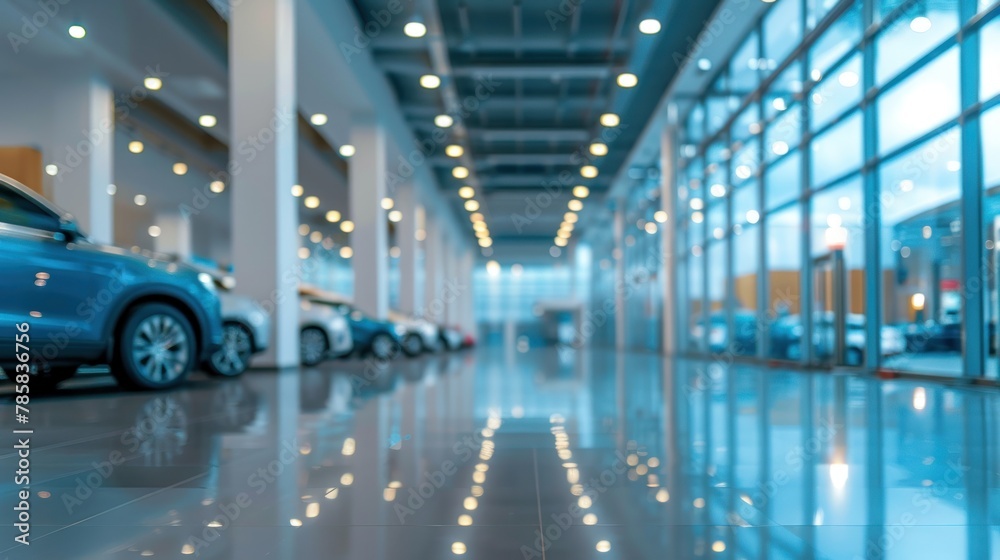 Fototapeta premium Beautiful blurred background of a modern car showroom interior in shades of gray with panoramic windows, glass partitions and blue accents