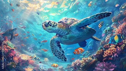 "Colorful Underwater World: Turtle and Fish Among Vibrant Coral"