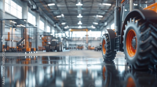 Beautiful blurred background of a modern tractor showroom interior in shades of gray with panoramic windows, glass partitions and orange accents photo