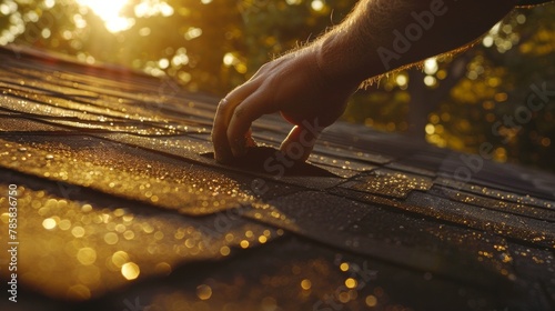 A tilted shot of a roofers hand reaching out and flipping a shingle into place on a roof captured just as the suns rays catch the glinting edges of the tool emphasizing the hard work .