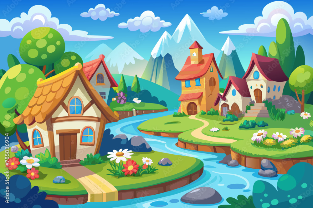 A charming cartoon village adorned with colorful flowers against a pristine white background.