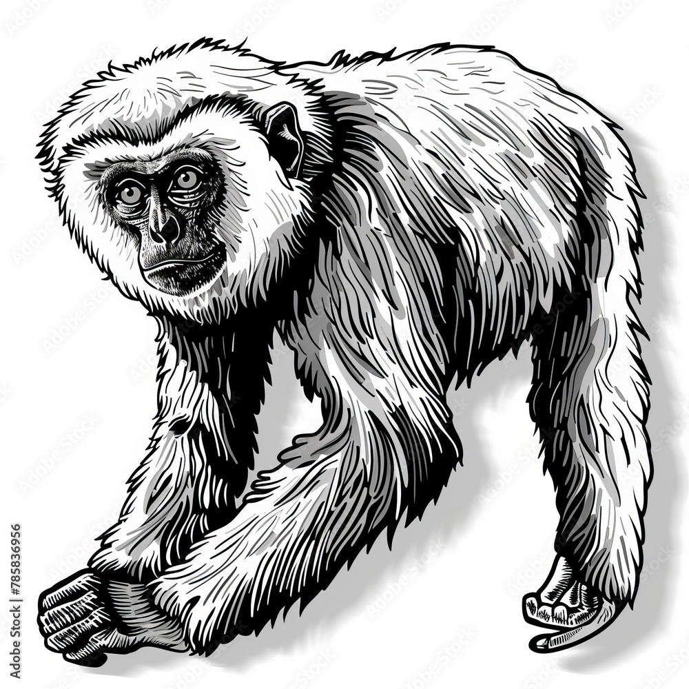 A detailed line drawing of a white-cheeked gibbon in a walking pose, with its left foot forward. - obrazy, fototapety, plakaty 