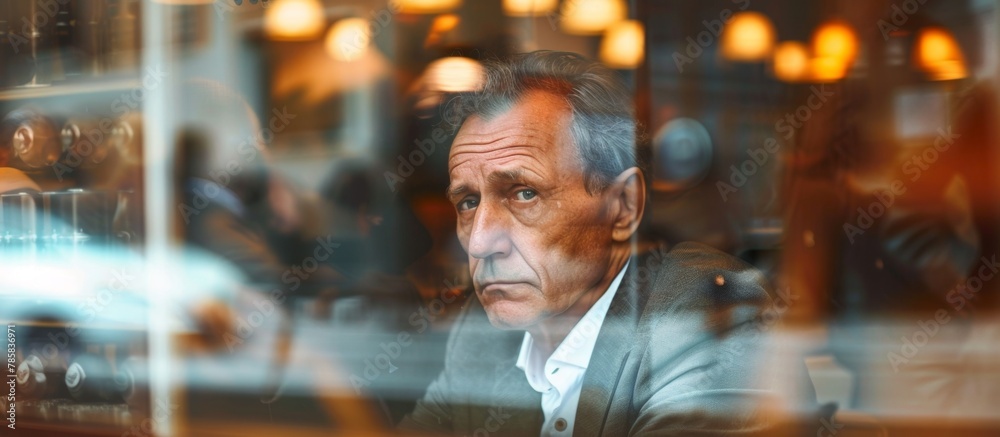 A curious man is gazing outside through a window while seated in a cozy restaurant A curious man is gazing outside through a window while seated in a cozy restaurant