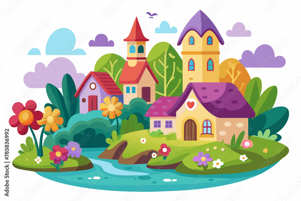 Charming village cartoon with vibrant flowers blooming in harmony on a pure white backdrop.