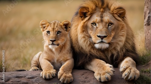 Large lion and adorable small cub 