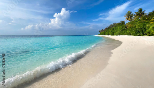 Blue sky and white sand beach. Beautiful sea with calm waves. Maldives.