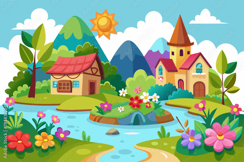 Charming cartoon villages with flowers adorning their white walls.