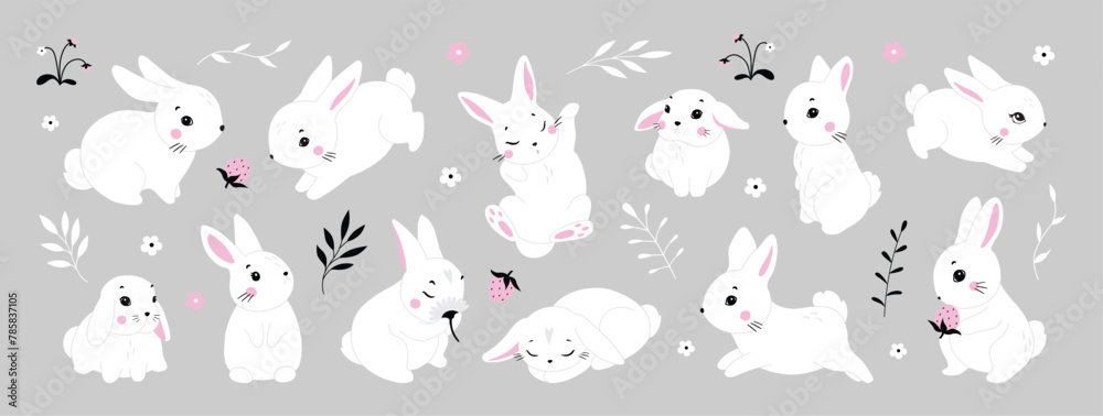 Naklejka premium Cute white rabbit in various poses. Rabbit animal icon isolated on background. For Moon Festival, Chinese Lunar Year of the Rabbit, Easter decor. White Easter bunny, hare. Wild animals, baby animals