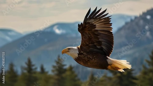 An eagel flying above mountain forest. photo
