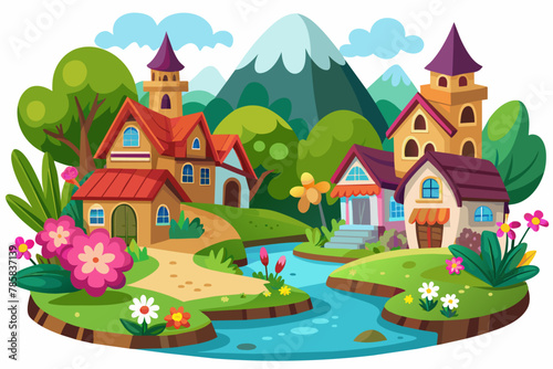A charming cartoon village adorned with vibrant flowers against a pure white backdrop.
