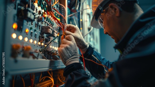 A technician examines the control panel, main system sensors, electromechanical drives, and power management systems photo