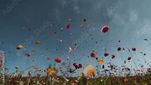 Chrysanthemum flowers petals scattered in the air blew by the wind photo