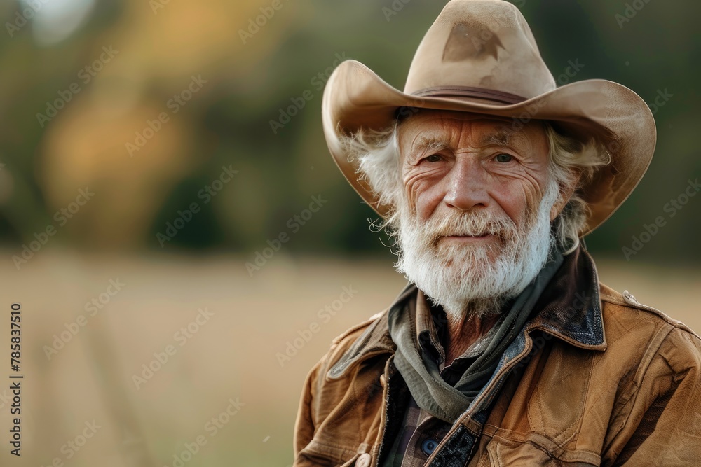 An elderly cowboy in a hat and a worn jacket.
