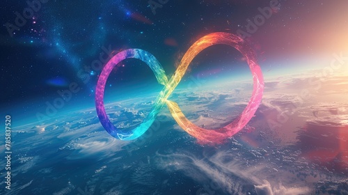 A bright rainbow sign of infinity in space against the background of the planet.
