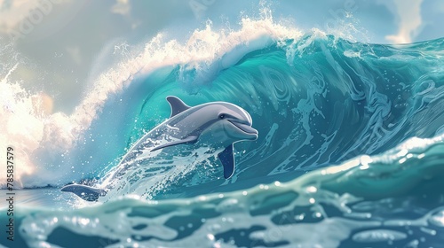 banner background National Dolphin Day theme, and wide copy space, A cartoon dolphin riding a wave with a big grin on its face, 