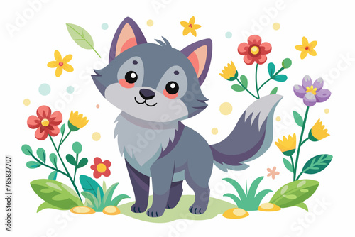 Cute wolf animals in charming cartoon style adorned with vibrant flowers.