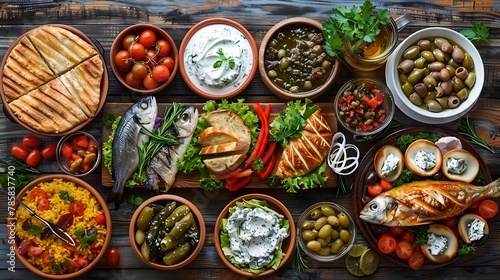 "Authentic Greek Cuisine: Delicious Meze and More on Wood Background"