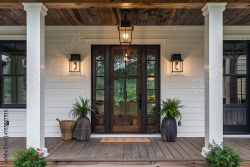 Cozy home entrance with wooden elements and greenery © InfiniteStudio