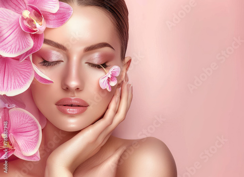 A beautiful woman with pink orchid flowers in her hair, a skin care advertising background