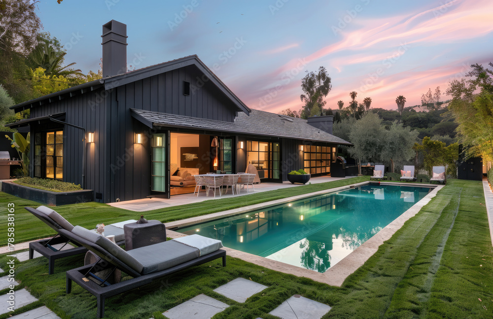 A stunning black modern farmhouse with an elegant pool and lush green backyard, with perfectly manicured grass and stylish outdoor furniture.