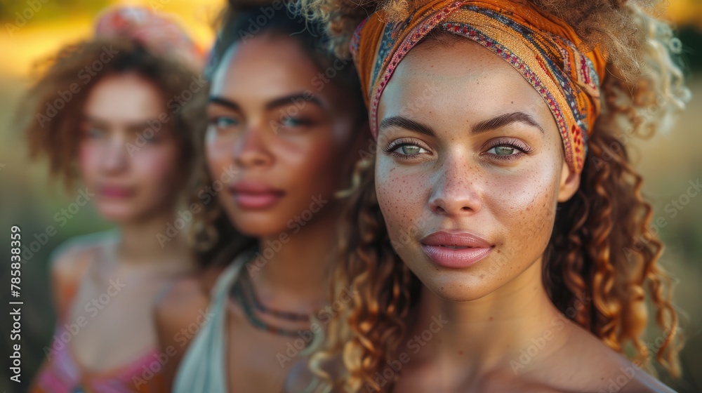 Obraz premium Portrait of diverse ethnicity women outdoor at summer