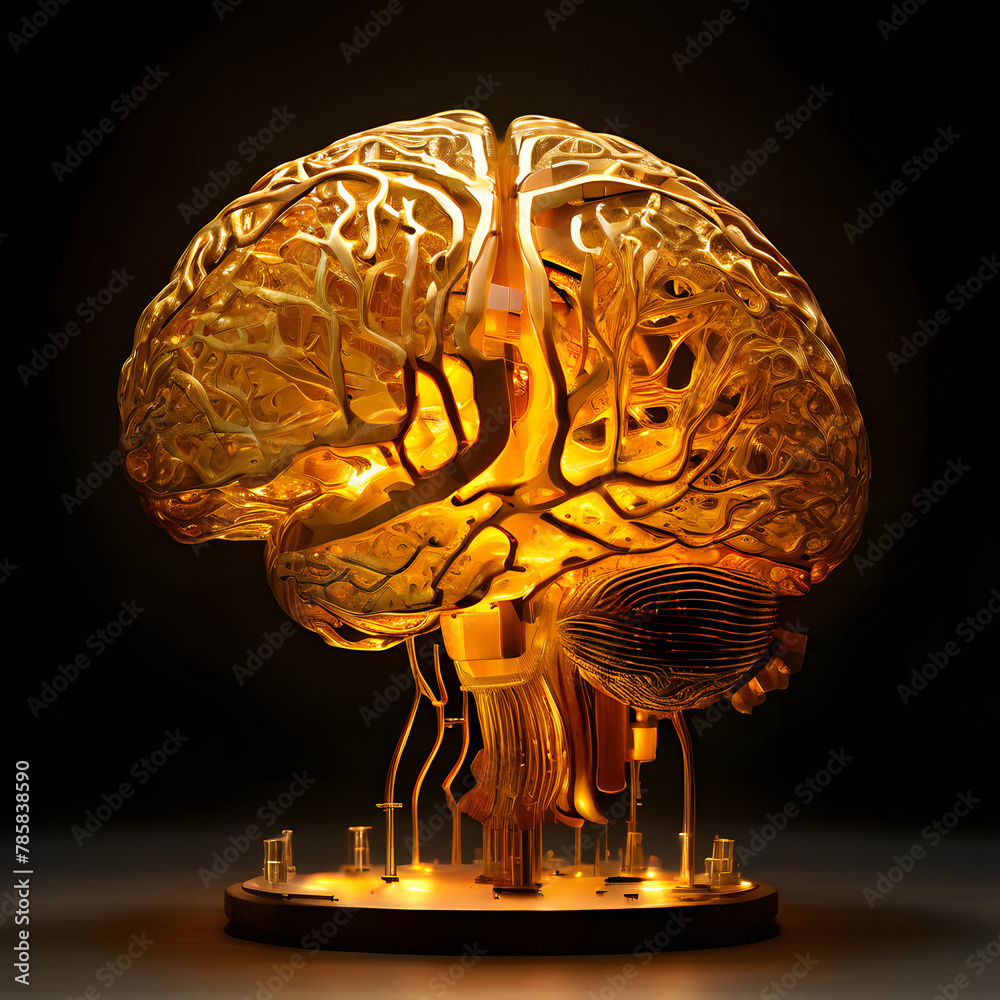 Golden brain with neural networks illuminated, symbolizing the cognitive processes involved in research and discovery