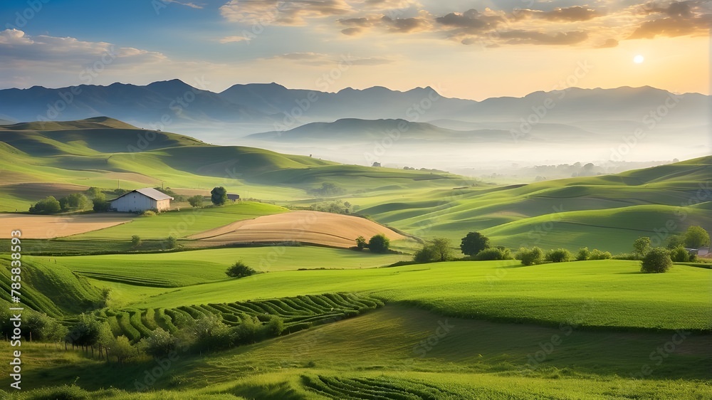 peaceful rural setting with undulating hills and farms of crops - obrazy, fototapety, plakaty 