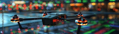 3D model of a drone shaped like a stock ticker, dispersing realtime market data as it flies, innovative and futuristic