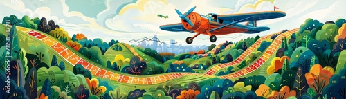 Childrens book illustration of a plane flying over a landscape shaped like stock market graphs, adventurous and educational