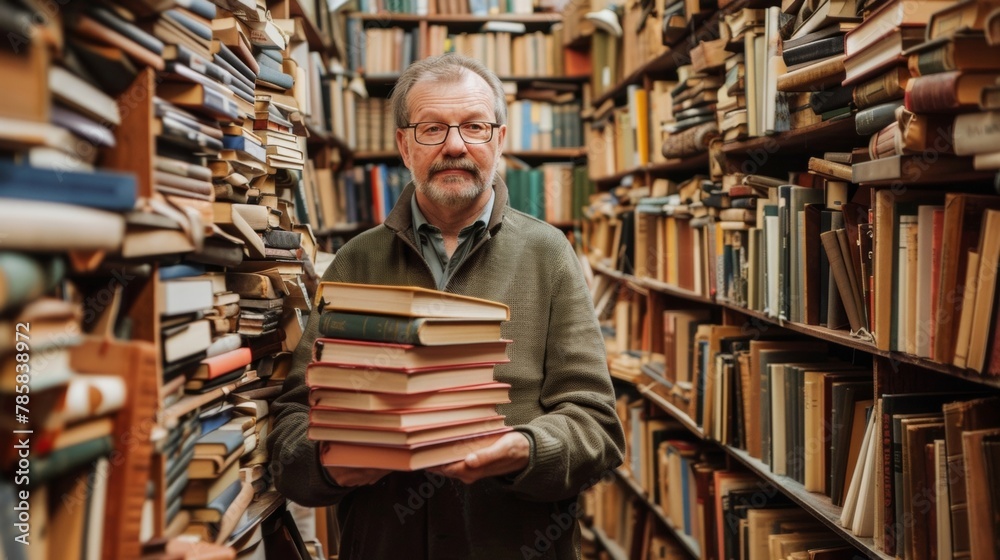 A portrait of a Linguist holding a stack of books surrounded by shelves filled with references on language history illustrating their vast knowledge and expertise in the field. . A portrait of a Linguist holding a stack of books surrounded by shelves filled with references on language history illustrating their vast knowledge and expertise in the field. .
