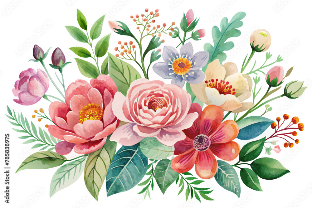 Watercolor painting of charming flowers in vibrant hues on a white background.