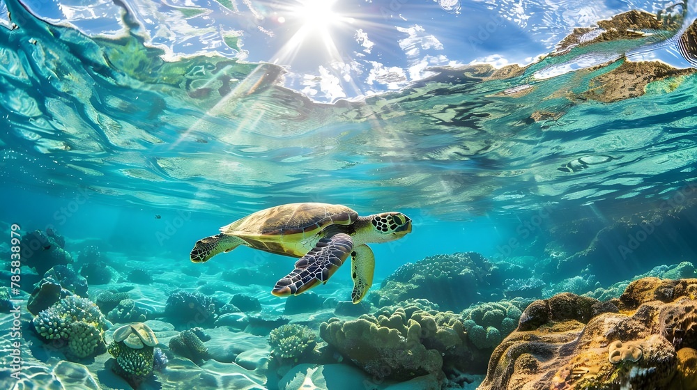 Obraz premium Creative unique oceans animal digital art. Sea turtle swimming blue green tropical water, beautiful underwater sea marine life cartoon background, fantasy surreal dreamy 3d render illustration.