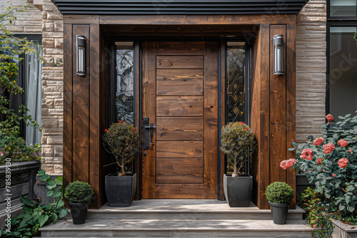  Wooden double doors with geometric patterns on the door frame  flanked by potted plants and large windows. Created with Ai