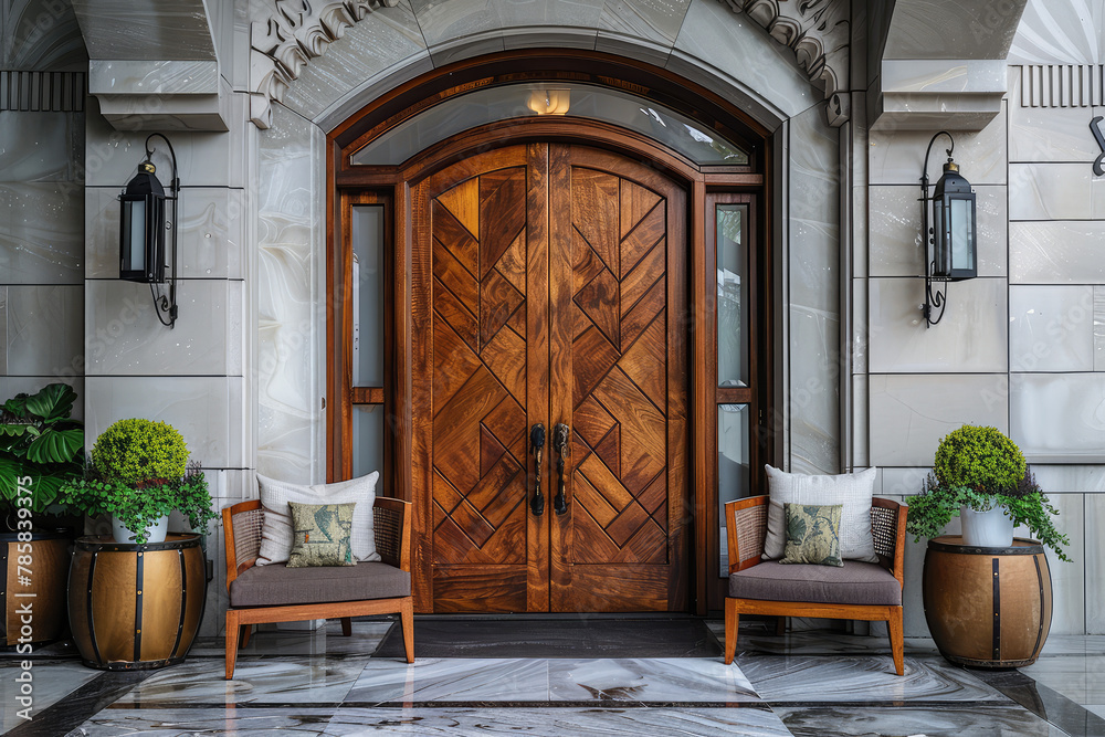Fototapeta premium A stunning front door with geometric wood patterns, flanked by potted plants and framed windows, leading to an elegant entrance in the heart of Antalya. Created with Ai