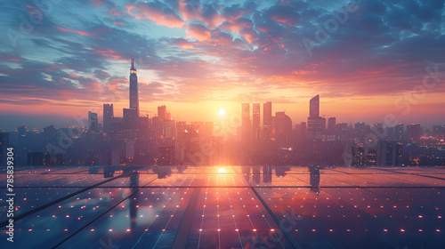 sunrise over the city, Solar panels with modern city