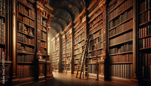 majestic library full of classic books with a rolling ladder attached to the bookshelf.