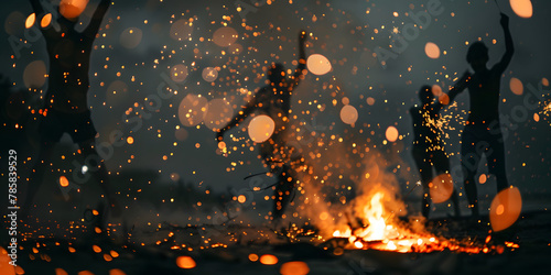T  tulo Pessoas celebrando com sparklers em uma fogueira na praia