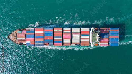 Top view Cargo Container ship the ocean ship carrying container and running for import export concept technology freight shipping by ship . aerial top of Container Vessel running in green sea.