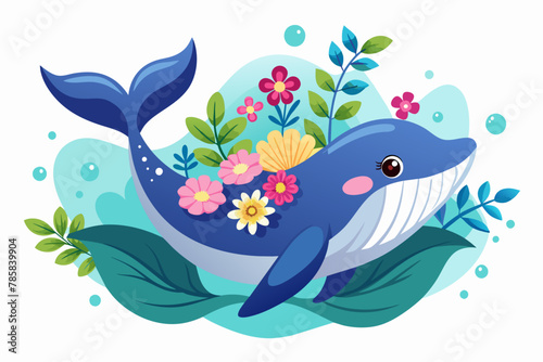 A charming whale adorned with vibrant flowers swims gracefully against a pure white backdrop.