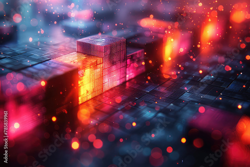 A closeup of glowing data blocks on an abstract background, symbolizing the futuristic and technological aspects of big rig's web design services. Created with Ai