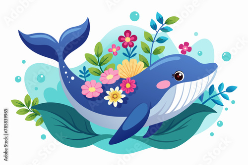 Charming whale animal adorned with colorful flowers on a white backdrop.